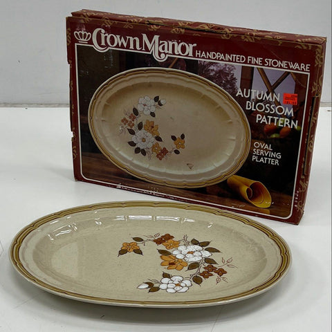 Crown Manor Autumn Blossom Oval Serving Platter Handpainted Stoneware Vintage