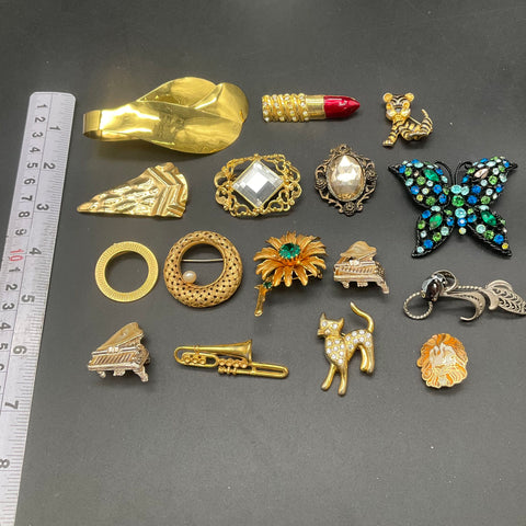 Vintage West Germany Costume Jewelry Lot of 15 Brooches Animals Musical Themes