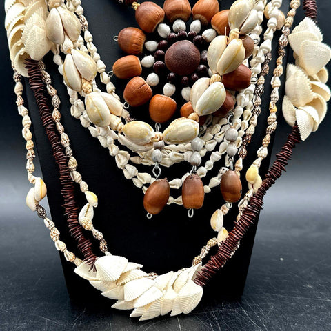 Vintage Boho Shell Jewelry Lot Cowrie Puka Nut Multi-Strand Necklaces 10pc