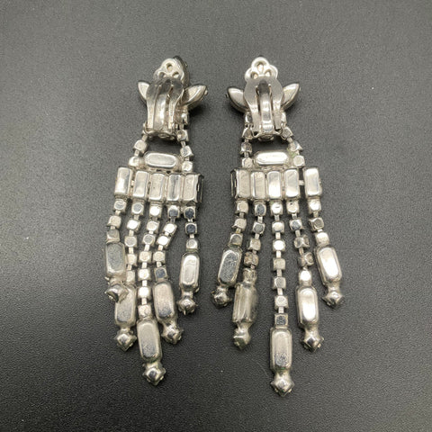 Vintage Mid-Century Silver Tone Rhinestone Bracelet & Chandelier Clip Earrings