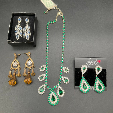 Rhinestone Crystal Costume Jewelry Lot of 4 Necklace & Earrings Stein Mart Rosa