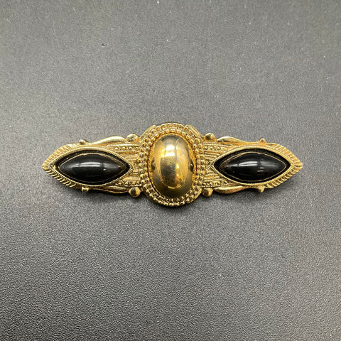 1928 Jewelry Gold Tone Faux Pearl and Black Cabochon Brooch Bar Pin Lot of 2