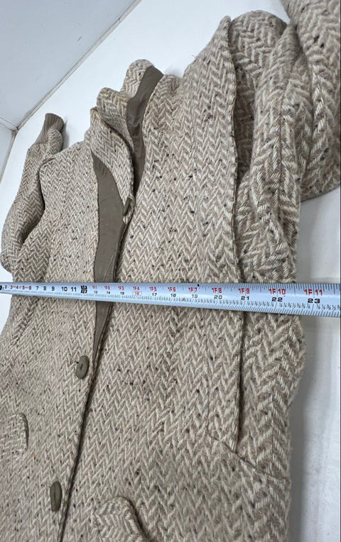 Vintage 70s Herringbone Long Coat V-Neck Ribbed Cuffs Made in USA Sz L