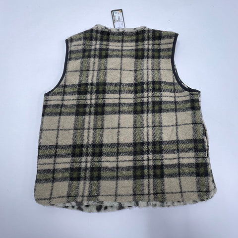 Yest NWT Khaki Green Reversible Faux Fur Animal Print Plaid Vest Women's Size 8