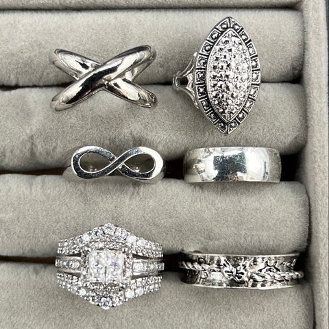 Silver Tone Costume Jewelry Ring Lot of 28 Rhinestone CZ Assorted Styles