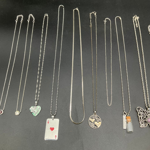 Silver Tone Costume Jewelry Lot 14 Necklaces Butterfly Hearts Ace of Hearts