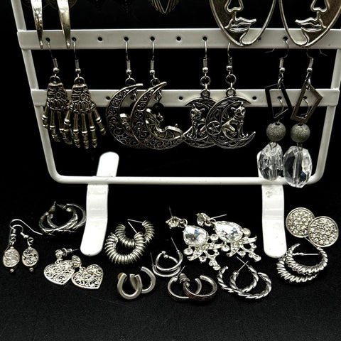 Gothic Boho Silver Tone Fashion Earring Lot 25+ Pairs Moon Skeleton Face Hoop