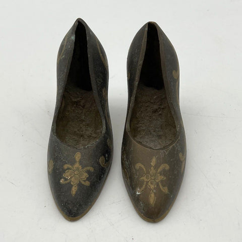 Vintage Brass Miniature High Heel Shoe Figurines Pair Ornate Floral Scroll