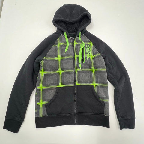 Vintage Y2K No Fear Men's Black Gray Plaid Sherpa Lined Full Zip Hoodie S