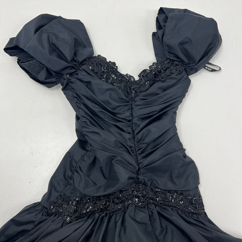 Vintage 80s Zum Zum Black Puff Sleeve Tiered Ruffle Prom Dress Goth Sz 5/6