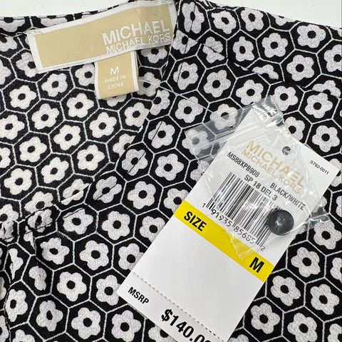 Michael Kors Women's Black White Geometric Floral Smocked Cuff Dress NWT Sz M