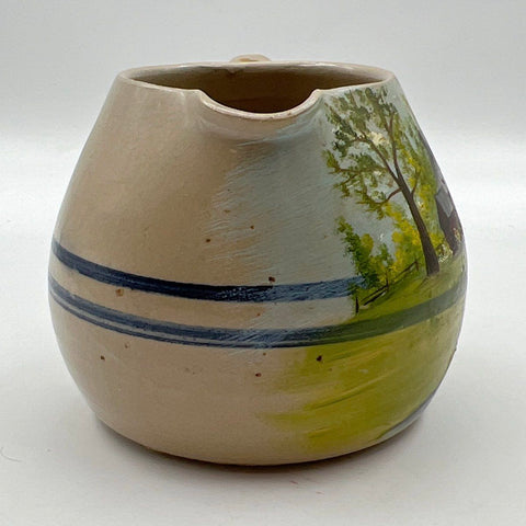 Deretha Ames Hand Painted Pottery Pitcher Landscape Red House Scenic Vintage
