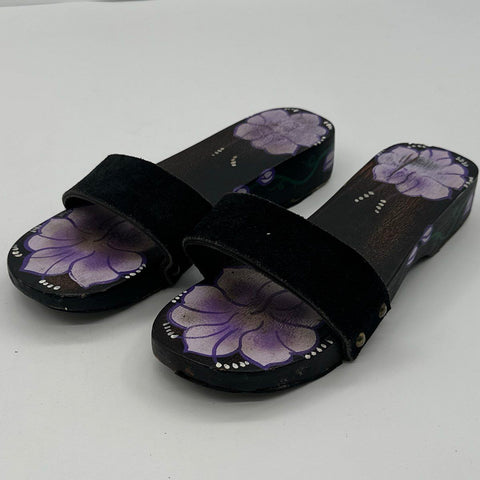 Vintage Maya Black Wooden Floral Hand Painted Platform Slide Sandals Size 7