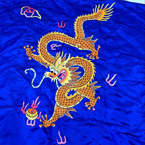 Vintage 90s Golden Dragon Hand Embroidered 100% Silk Robe Blue Sz M