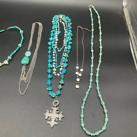 Luna Norte Faux Turquoise Beaded Necklace Lot 8 Ornate Cross Turtle Pendants