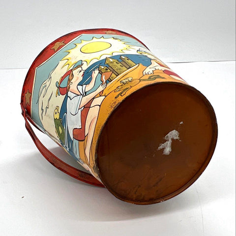 Vintage Litho Tin Sand Pail and Shovel Set Children Beach Scene Toy 1950s