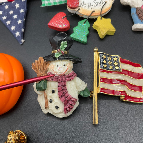 Holiday Novelty Jewelry Pin Lot 25+ Christmas Halloween Patriotic Enamel Resin
