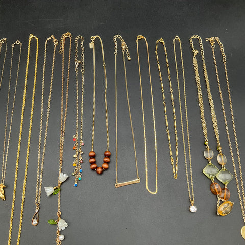 Mixed Costume Jewelry Necklace Lot 15 Gold Tone Vintage to Modern Pendants