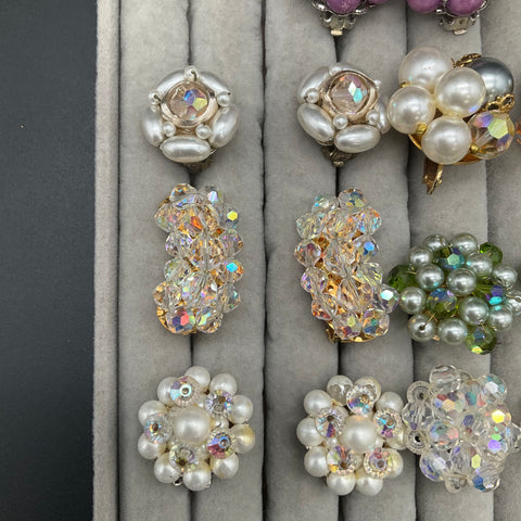 Vintage Clip On Earrings Lot of 15 Faux Pearl Rhinestone Crystal Mid-Century
