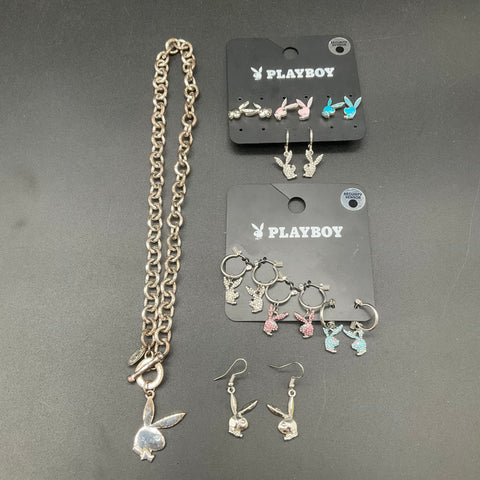 Playboy Fashion Jewelry Lot Necklace Hoop Stud Hook Earrings Rhinestone Bunny