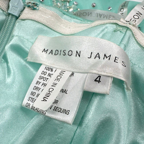 Madison James Women's Mint Green Beaded Sequined Mermaid Tulle Formal Gown Sz 4