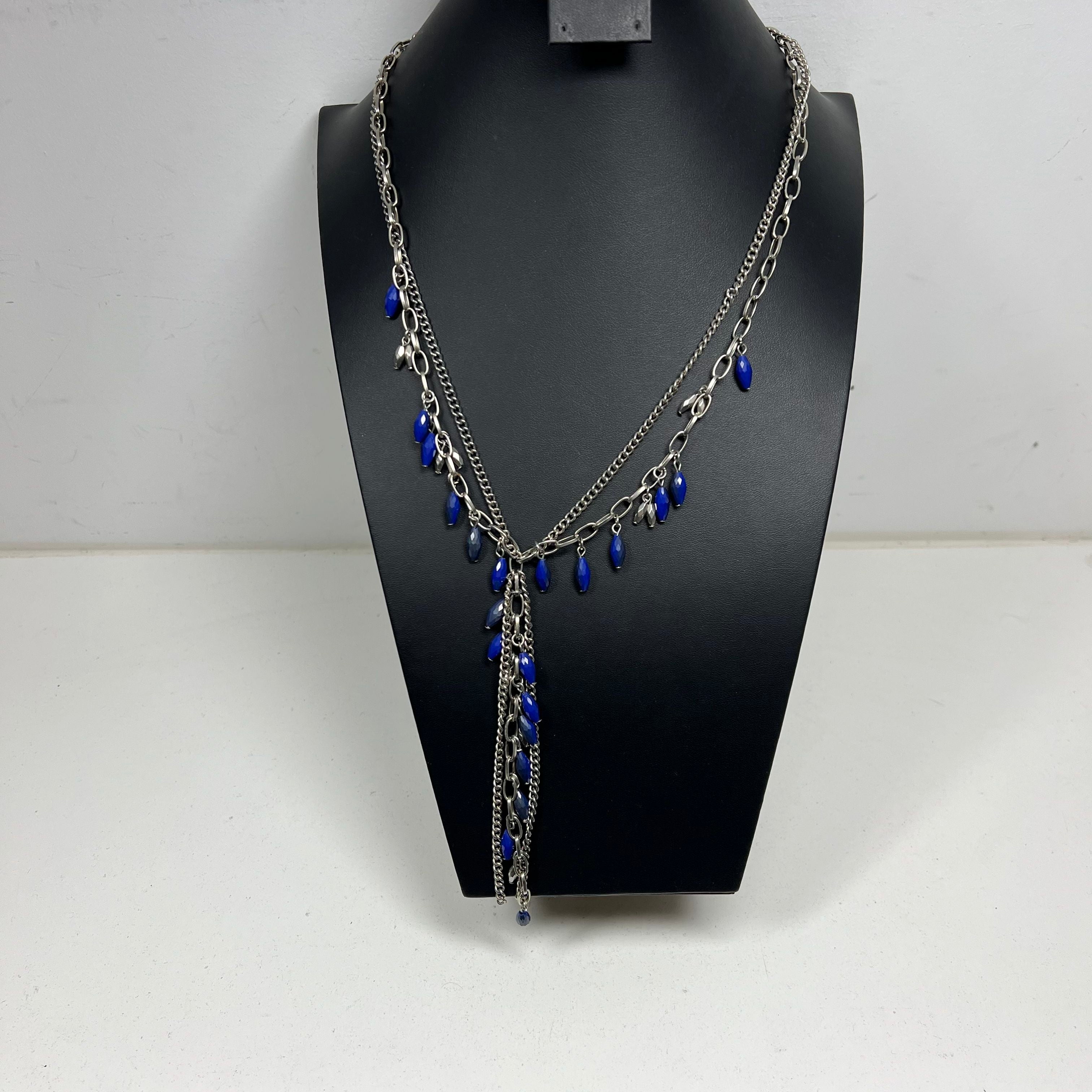 Navy Blue Silver Tone Beaded Chain Costume Jewelry Lot