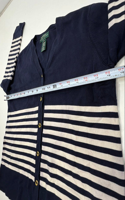 Lauren Ralph Lauren Women's Navy Striped Silk Cardigan Gold Anchor Sz P/M