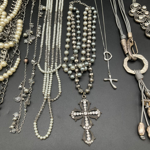 Fashion Costume Necklace Lot of 10 Silver Tone Faux Pearl Cross Pendants