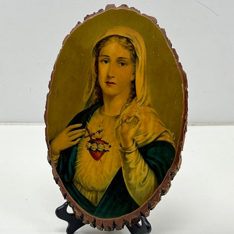 Vintage RLD Sacred Heart of Mary Lithograph on Bark Edge Wood Plaque 15x10