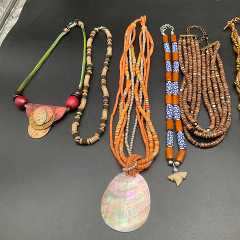 Boho Tribal Beaded Jewelry Lot 10 Necklaces Mother of Pearl Brass Wood Shell