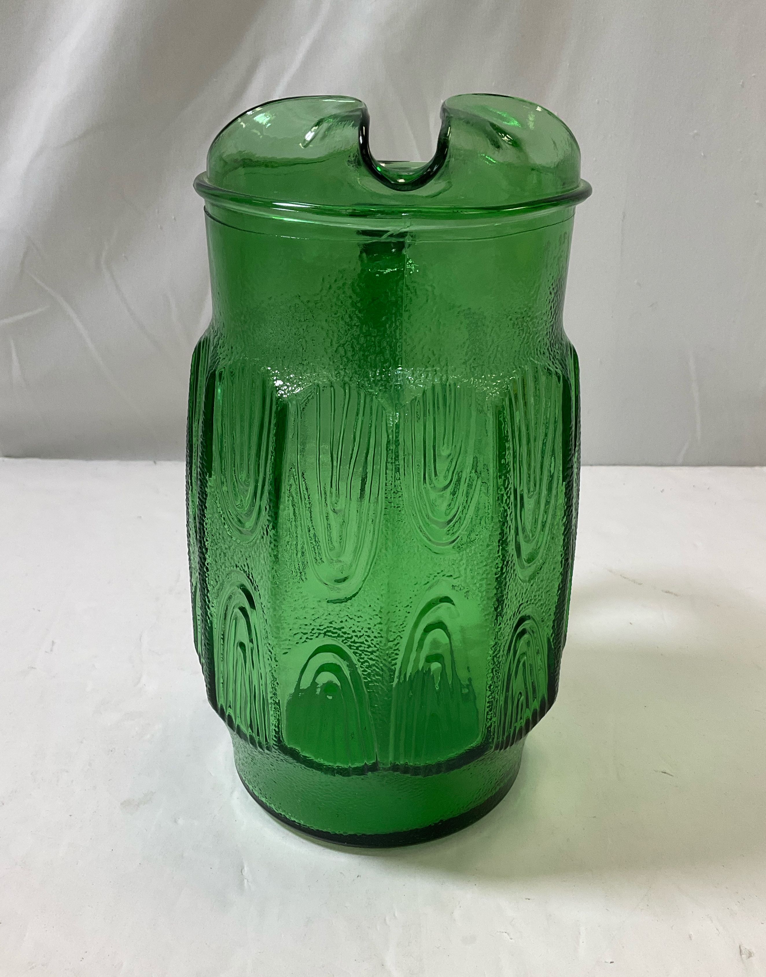 Anchor Hocking Mod Green Glass Water Pitcher Vintage Wood Grain Fingerprint