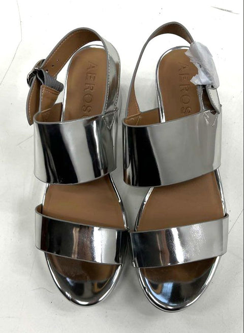 Aerosoles Camera Metallic Silver Two Strap Block Heel Sandals Size 10.5W