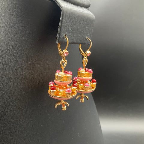 Betsey Johnson Gold Tone Pink Enamel Cupcake Stand Drop Leverback Earrings