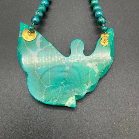 Karla Jordan Vintage Carved Chrysocolla Angel Pendant Beaded Necklace
