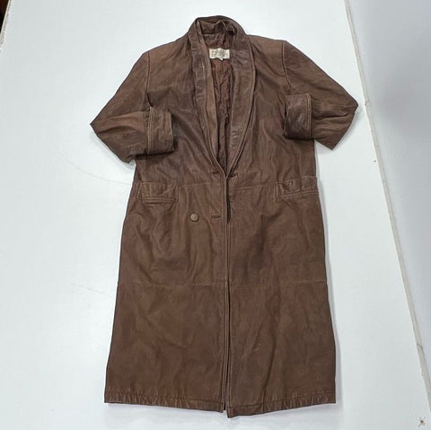 Pelle Studio Vintage Y2K Brown Distressed Long Leather Trench Coat Women's S