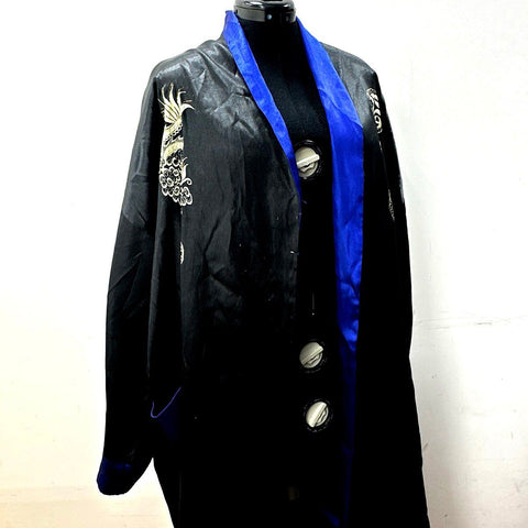 Vintage 80s Unisex Embroidered Dragon Robe Kimono Black Blue Silk Souvenir
