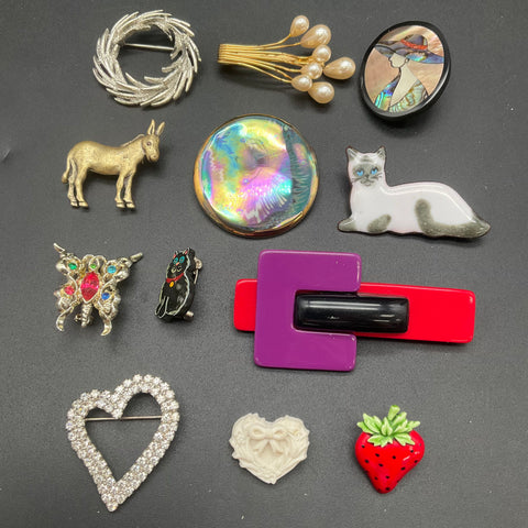 Vintage Costume Jewelry Lot of 12 Brooches Enamel Rhinestone Animal Floral