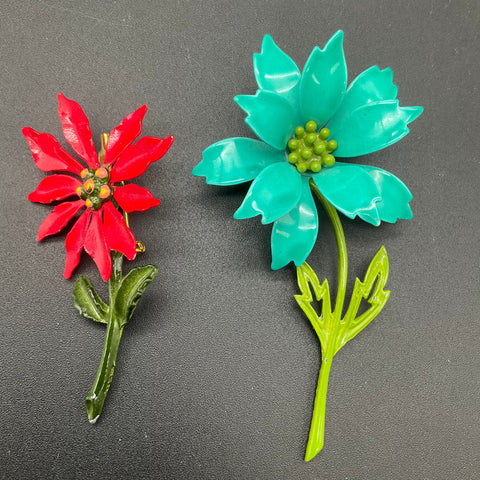 Vintage Mid-Century Enamel Flower Brooches Lot of 2 Red Poinsettia Teal Retro