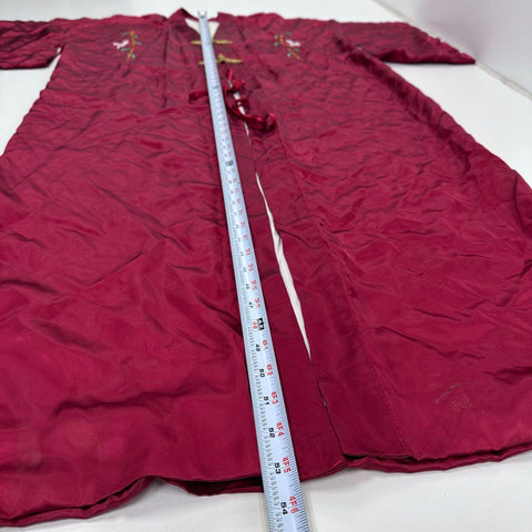 Vintage 80s Peacock Embroidered Satin Robe Kimono Frog Closure Burgundy Sz L