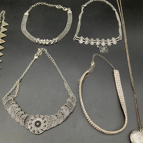 Vintage to Modern Costume Jewelry Lot 0.5 Lbs 12pc Silver Tone Necklaces