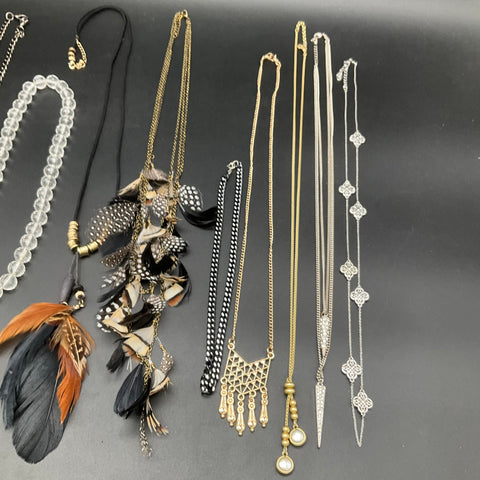 Vintage to Modern Costume Jewelry Lot 11 Necklaces Feather Faux Pearl Boho Style