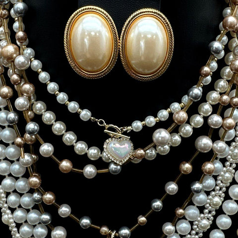 Mixed Faux Pearl Costume Jewelry Lot Necklaces Earrings Bracelets 14 Pieces