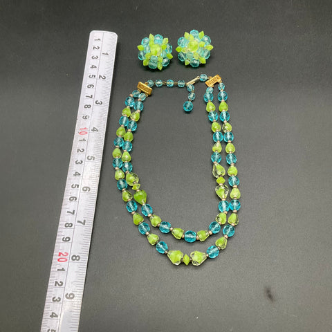 Vintage West Germany Green Blue Plastic Bead Demi Parure Necklace Earrings Set
