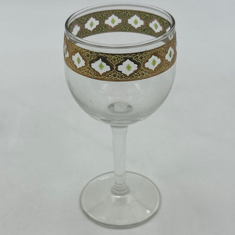 Vintage Mid-Century Gold Encrusted Wine Glasses 5 Piece Lot Geometric Pattern