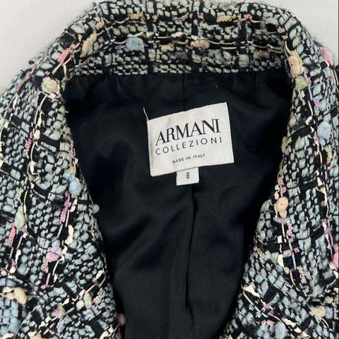 Armani Collezioni Womens Y2K Tweed Boucle Blazer Jacket Black Multicolor Size 8