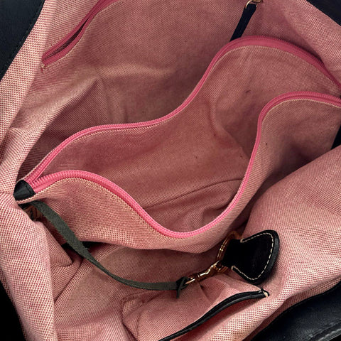 Dooney & Bourke Black Pebbled Leather Shoulder Tote Bag Pink Gingham Lining
