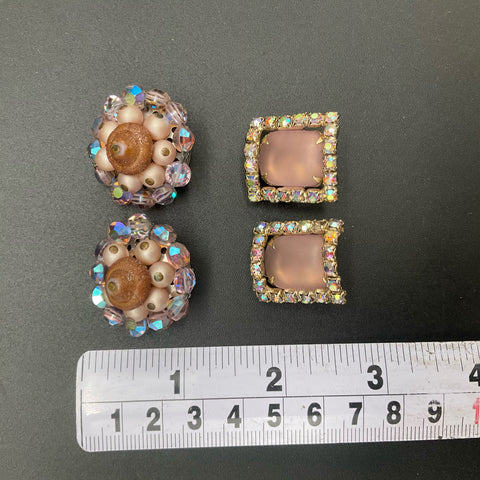 Vintage Lilac Purple AB Rhinestone & Faux Pearl Clip On Earrings Lot of 2 Pairs