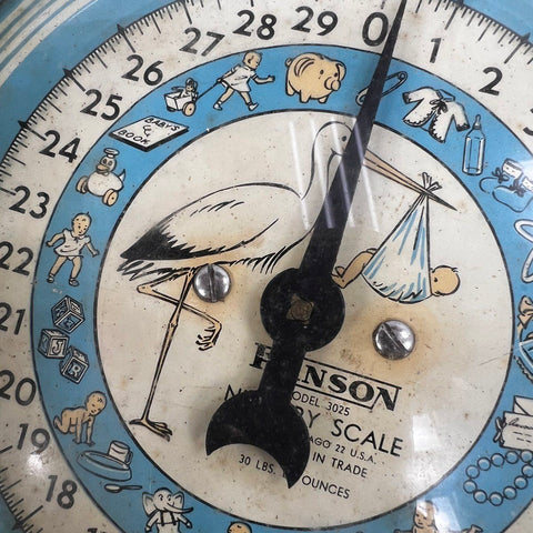 Vintage Hanson Model 3025 Nursery Baby Scale Pink Metal Stork Graphic 30lb USA
