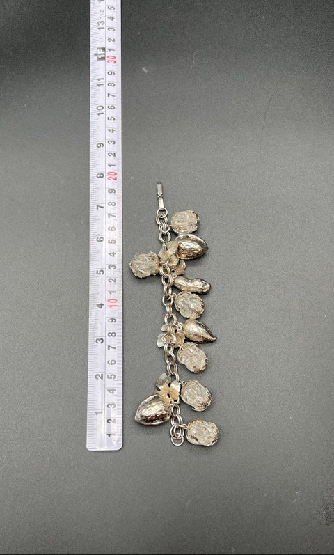 Vintage Chunky Silver Tone Charm Bracelet Lucite Ice Cube Leaf Nut Baubles
