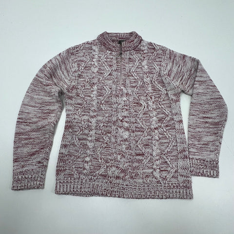 Vintage 70s Campus Red White Marled Cable Knit Ring Pull 1/4 Zip Sweater